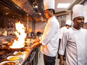 Cocina profesional equipada con hornos industriales, parrillas y lavavajillas para restaurante.